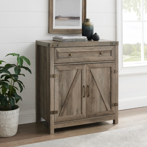 30" Farmhouse Barn Door Accent Cabinet in Grey Wash